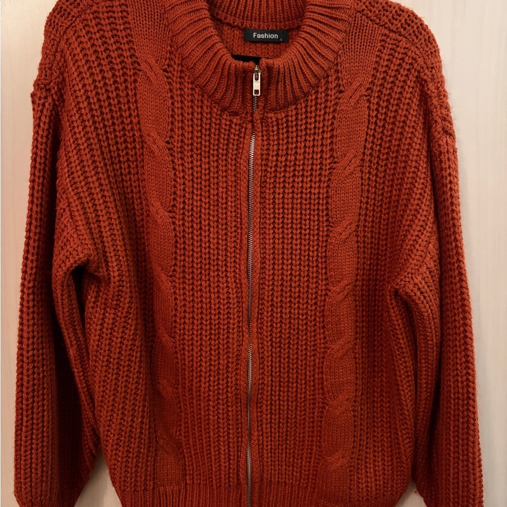 Rust Orange Knit Zip-Up Sweater